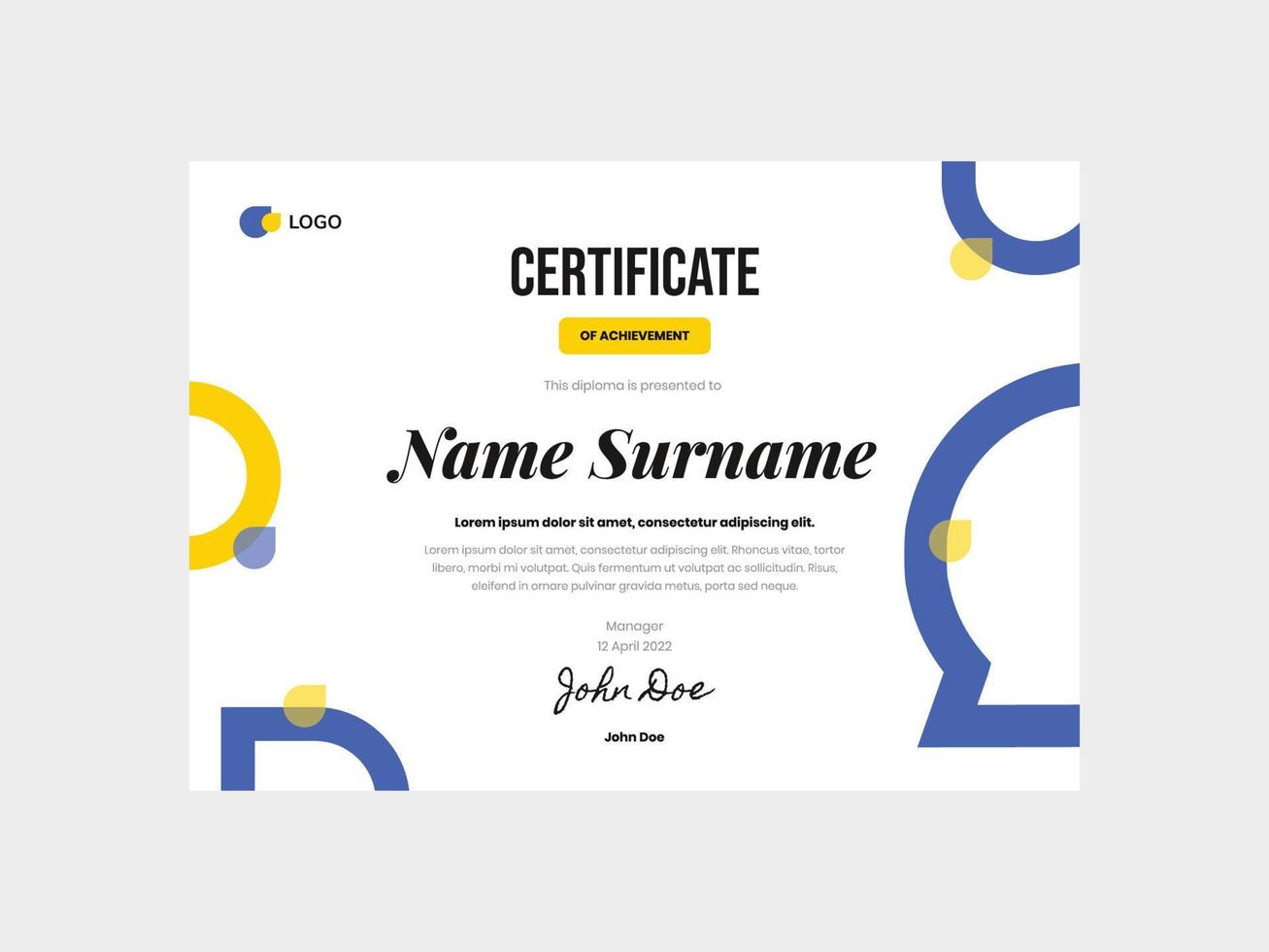 Modern blue yellow circle line certificate template vector
