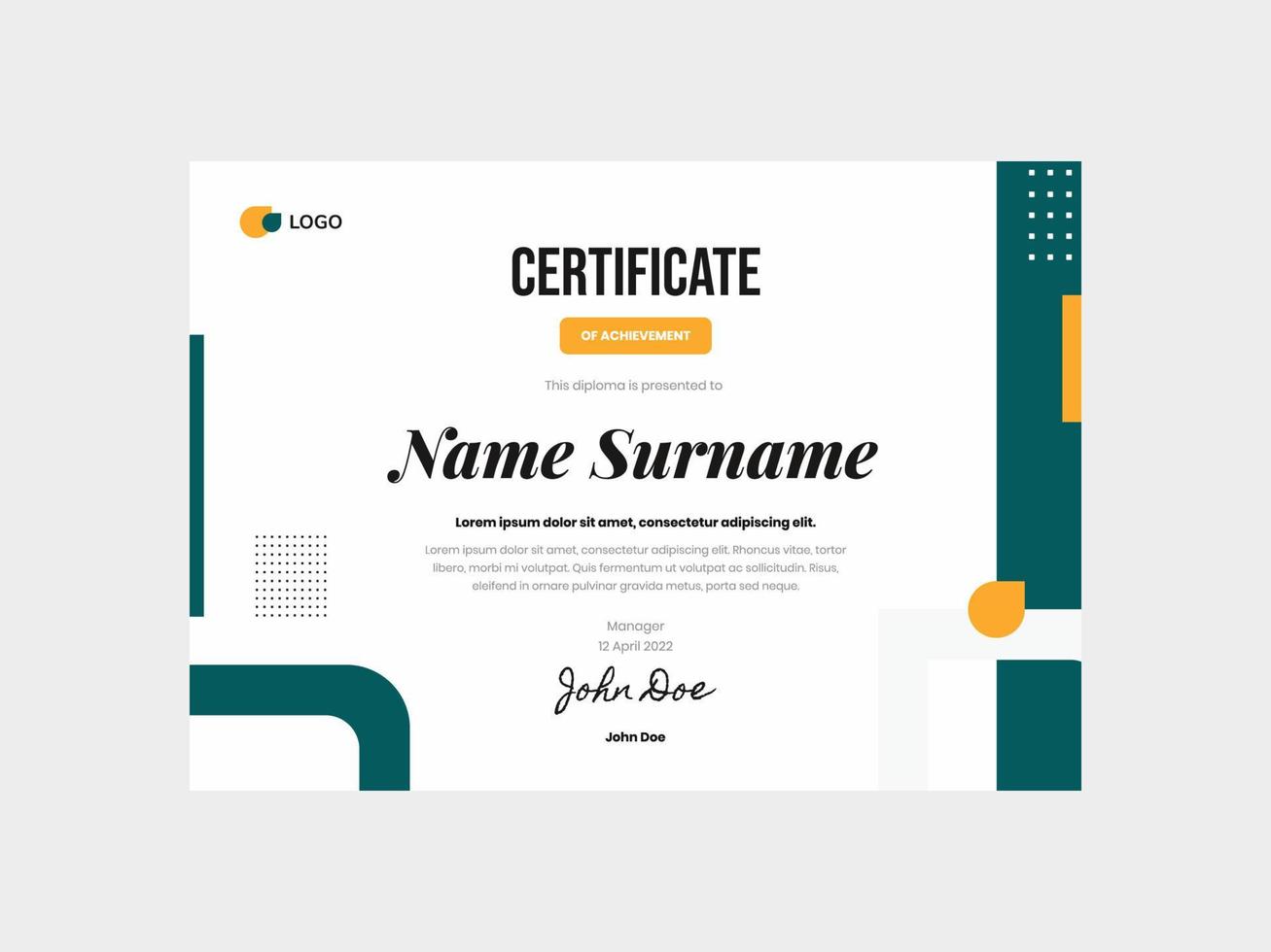 Simple Green Tosca Corporate with Yellow Accent Certificate Template vector