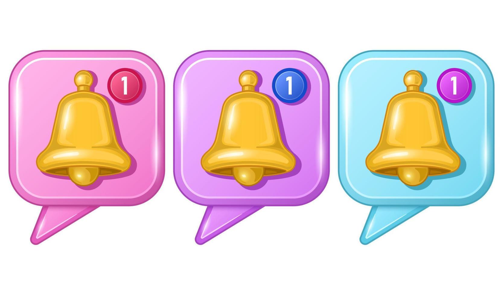 Collection gold bells in square speech bubbles 3d cartoon icons vector