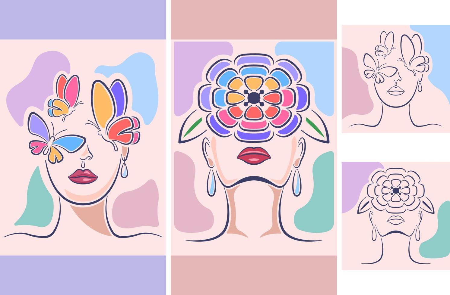 collection women faces art line postel colors for social media format vector