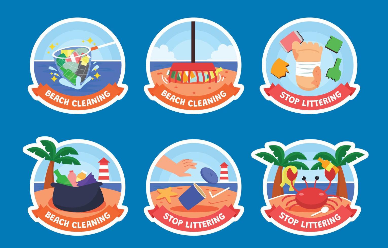 colección de pegatinas de limpieza de playas vector