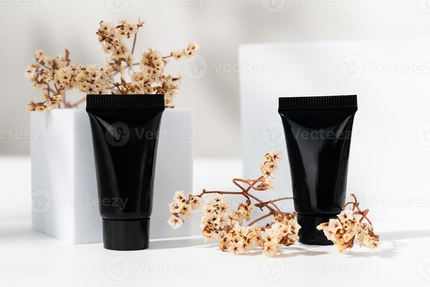 tubo de botella negro con ingredientes para el cuidado de la piel y el tratamiento vitamina sobre fondo blanco, concepto de cosmética natural. foto