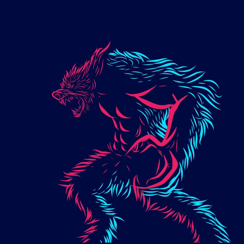 Diseño de logotipo colorido de retrato de arte pop de línea de hombre lobo con fondo oscuro. ilustración vectorial abstracta. vector