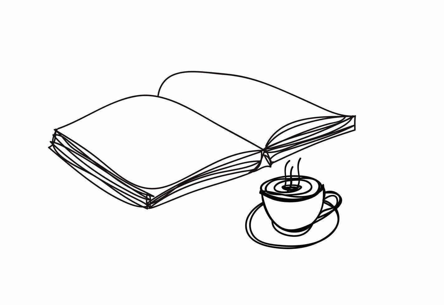 libro y taza de café, estilo de dibujo lineal, diseño vectorial vector