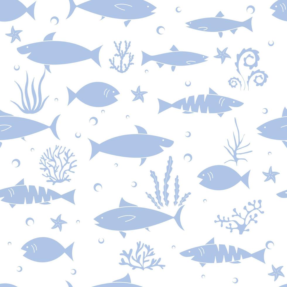 Blue funny print with fish, stars and seaweed. Print for fabric and wrapping paper. vector
