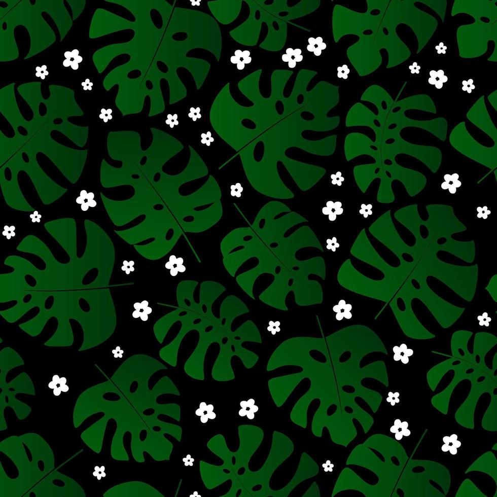 Leaves monstera and simple flowers seamless pattern. vector