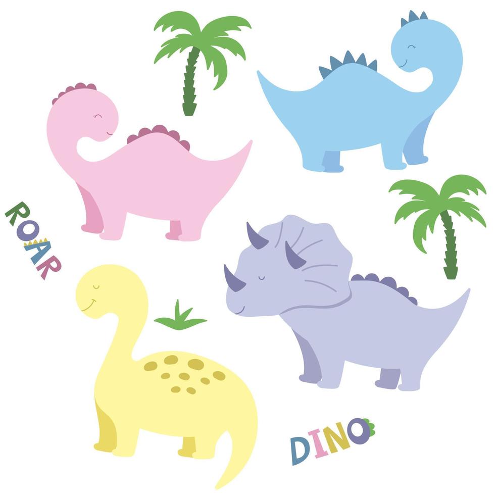 Cute vector print with dinosaur for baby girl and boy. Cartoon hand drawn illustration.