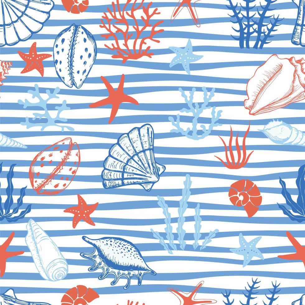 Hand drawn sea shells, seaweed and stars seamless pattern. For fabric, wallpaper, wrapping paper, textile, bedding, t-shirt print. vector