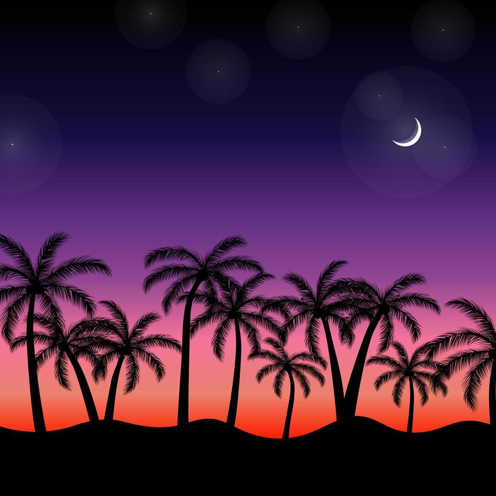 bosque de noche tropical estilo dibujado a mano para tela de moda, papel tapiz y todas las impresiones. palmeras, luna y estrellas. vector