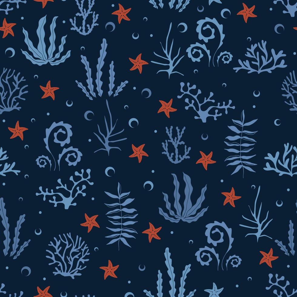 Blue funny print with fish, stars and seaweed. Print for fabric and wrapping paper. vector