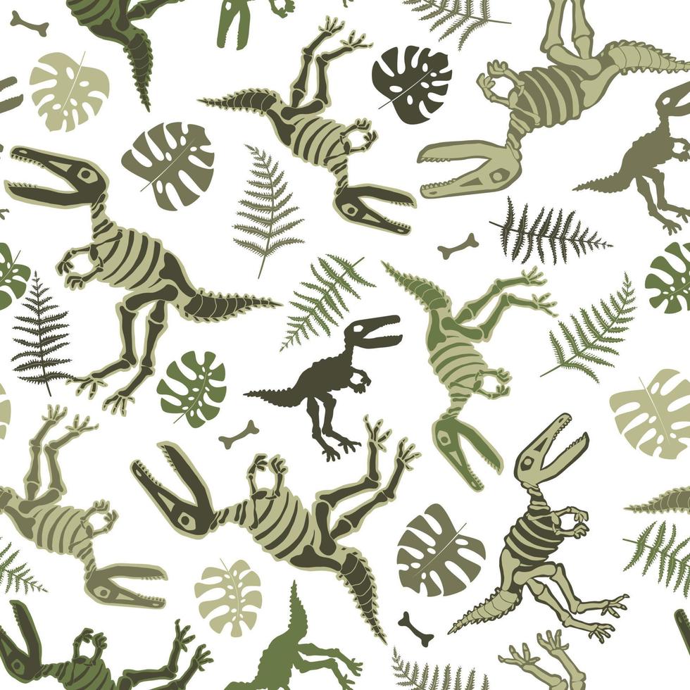 esqueletos de dinosaurios y hojas tropicales con huesos. estampado sin costuras en colores caqui. vector