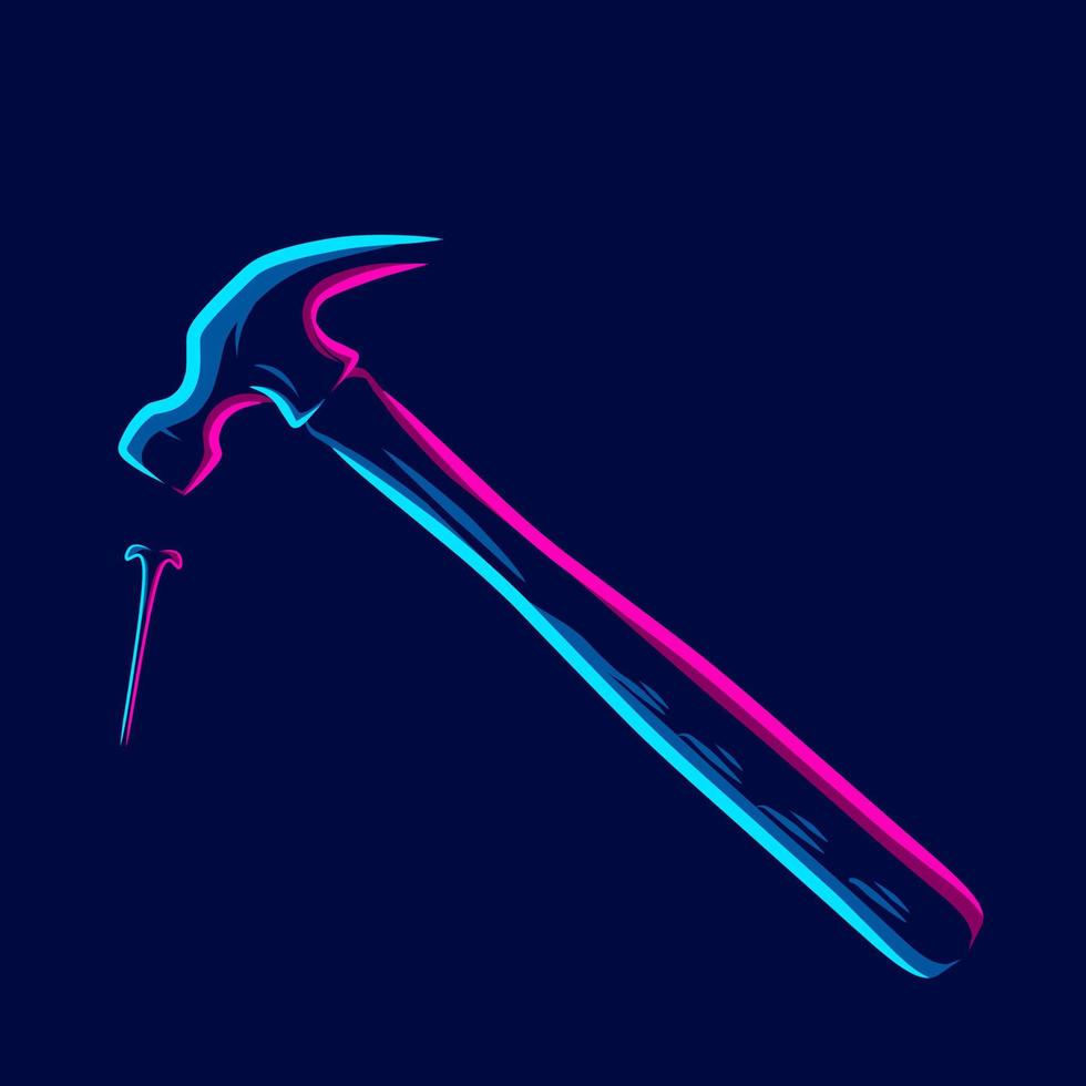 Hammer and nail logo line pop art portrait colorful design with dark background. Abstract vector illustration.