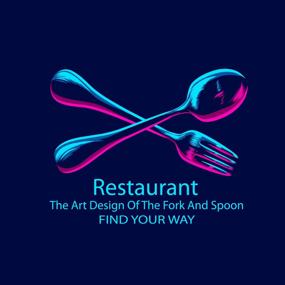 Fork and spoon in restaurant logo line pop art portrait colorful design with dark background. Abstract vector illustration.