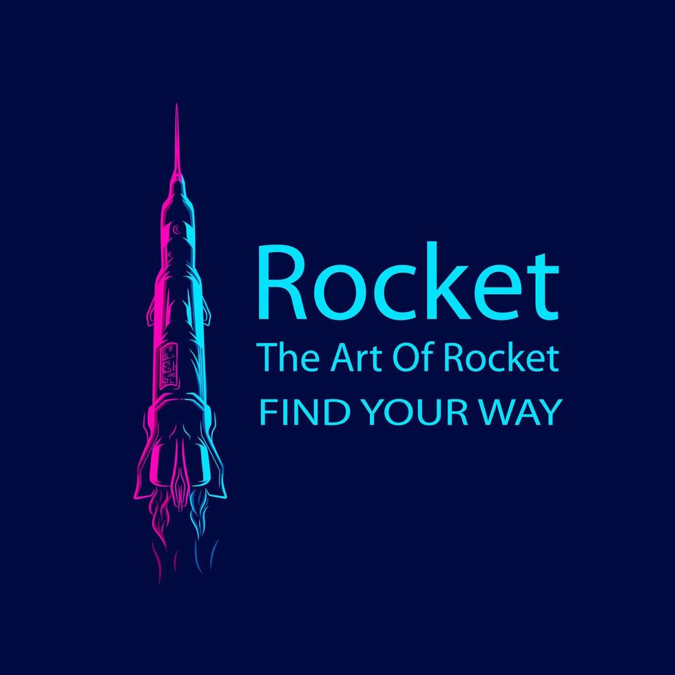 Rocket the galaxy spaceship  line pop art portrait logo colorful design with dark background. Abstract vector illustration.
