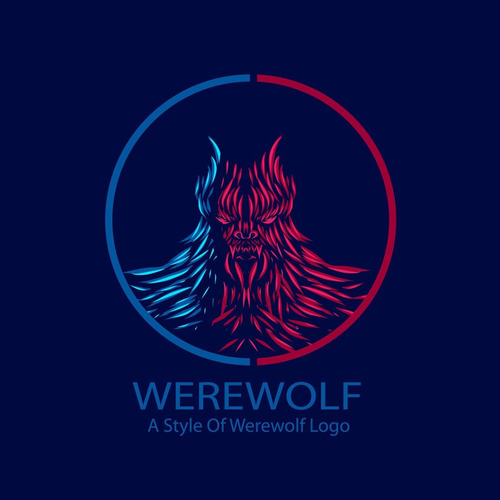 Werewolf line pop art portrait colorful logo design with dark background. Abstract vector illustration.