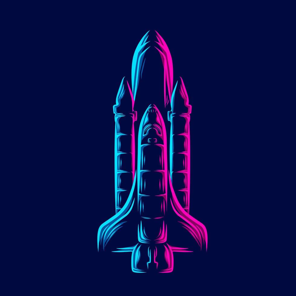Rocket the galaxy spaceship  line pop art portrait logo colorful design with dark background. Abstract vector illustration.