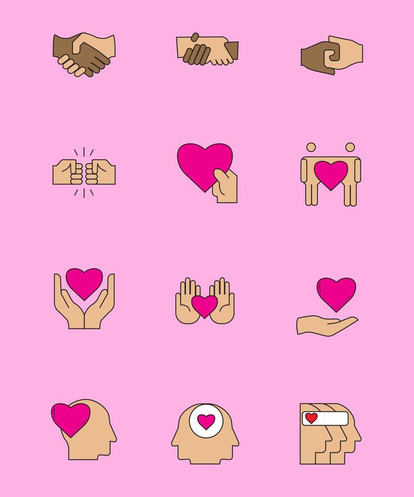 Friendship and Love Vector Line Icons Set. Relationship, Mutual Understanding, Mutual Assistance, Interaction