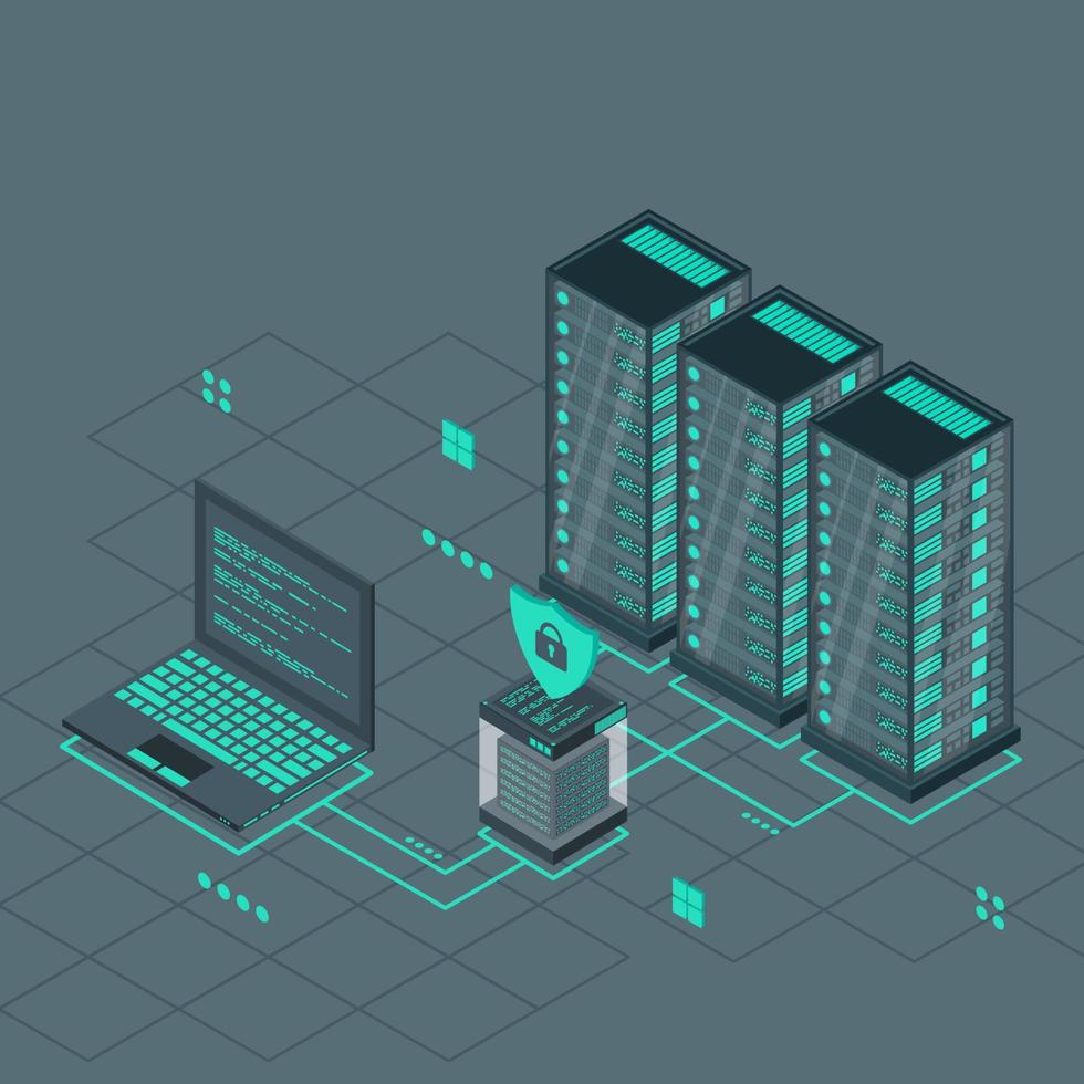 Technology isometric design for quantum computer. Blockchain server concept. Server room. Storage database. Vector illustration