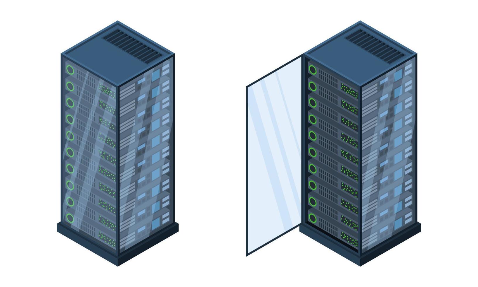 Isometric servers. Data storages. 3D computer equipment. Storage database. Equipment server network. Big data illustration vector