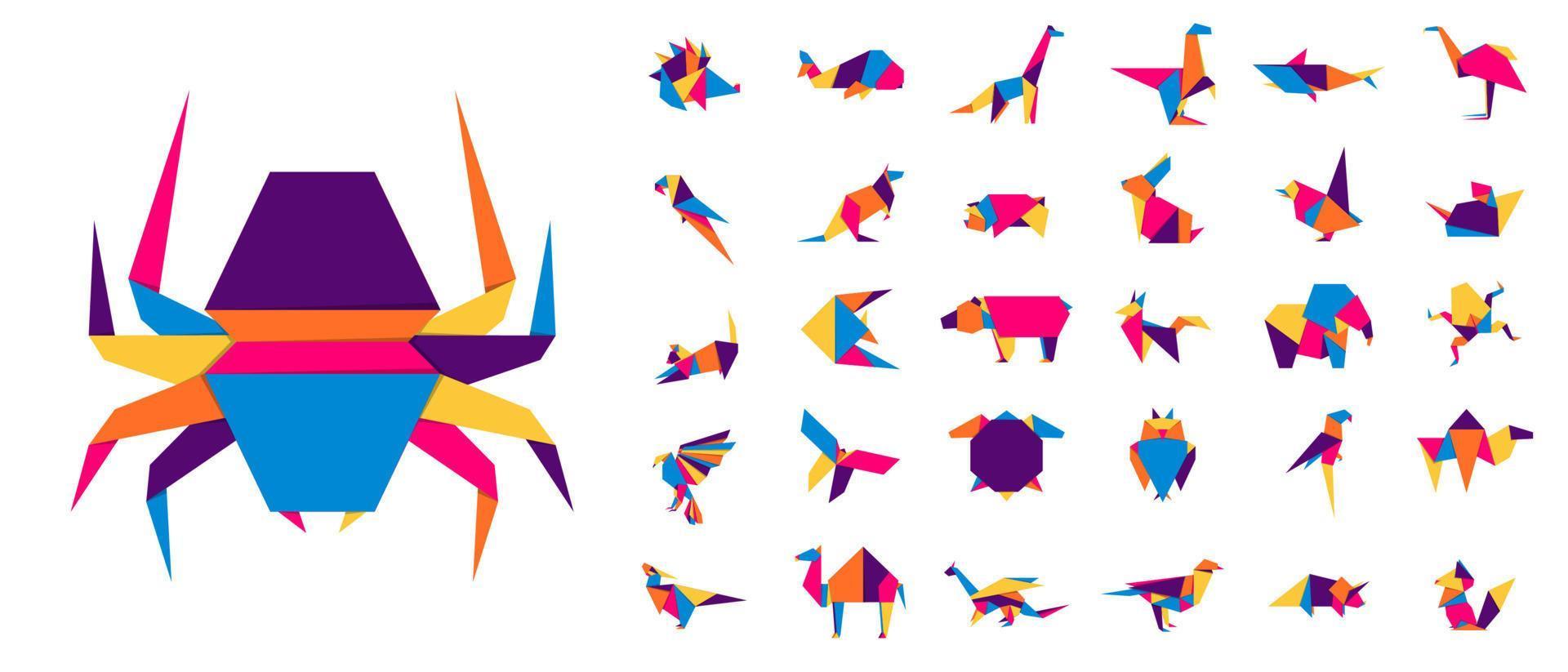 coloridos animales de origami. animales poligonales abstractos. formas de papel plegado. conjunto de iconos de animales vectoriales. origami. un conjunto de origamis. ilustración vectorial vector