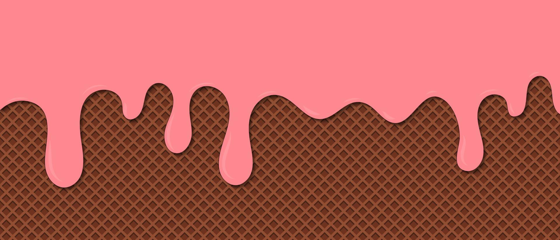 Strawberry ice cream melted on waffle background. Cream melted on waffle background. Sweet ice cream flowing down on cone. Vector Illustration