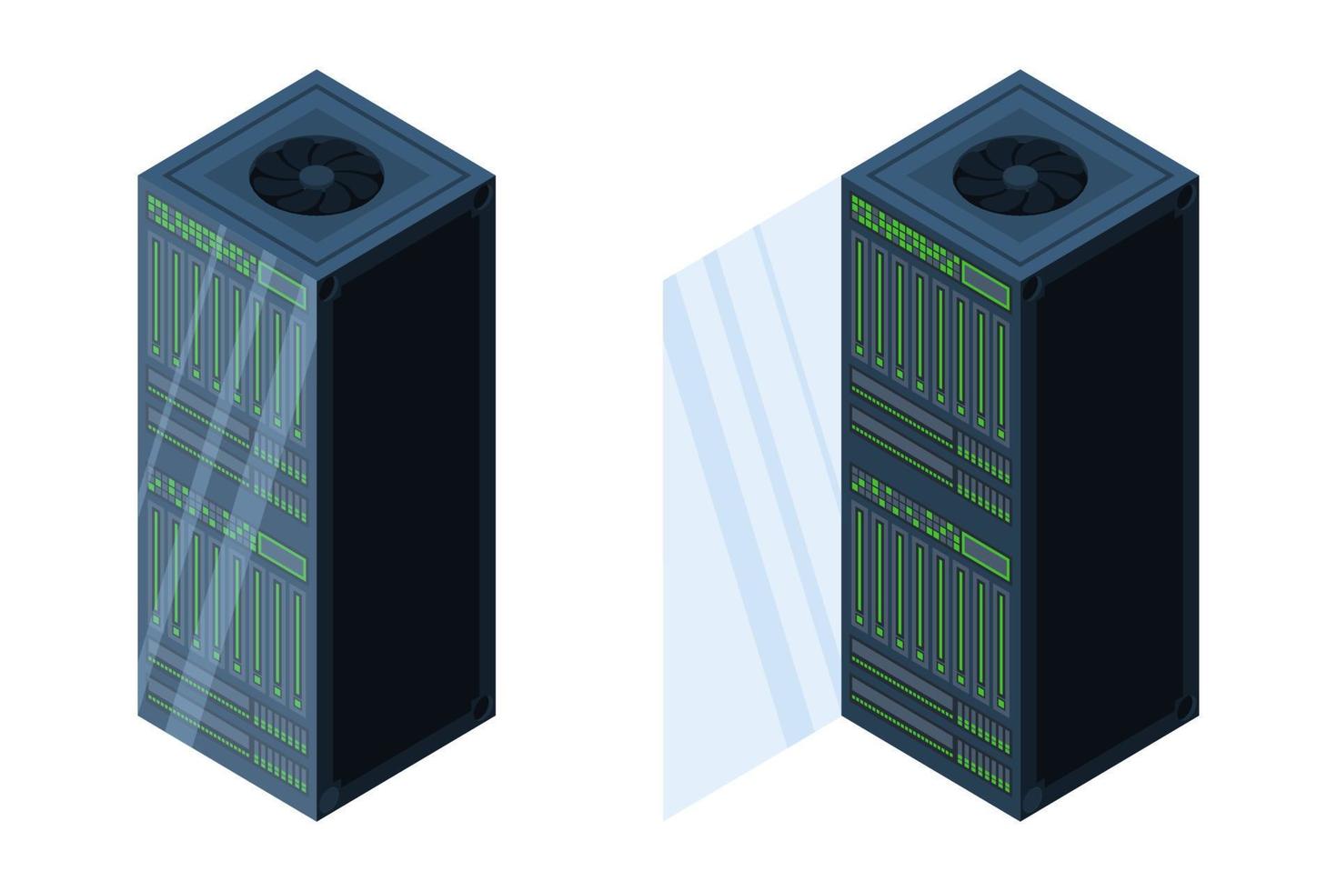 Isometric servers. Data storages. 3D computer equipment. Storage database. Equipment server network. Big data illustration vector