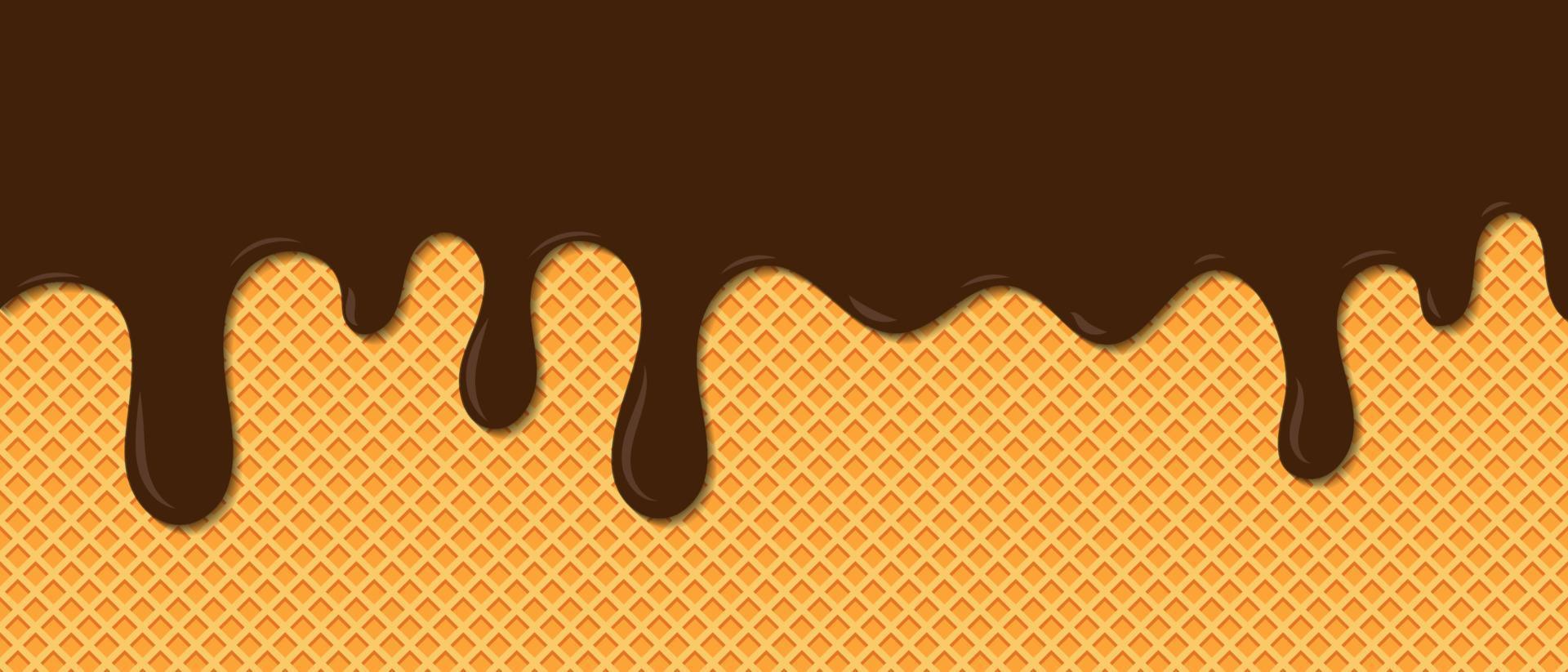 helado de chocolate derretido sobre fondo de gofres. crema derretida sobre fondo de gofres. helado dulce que fluye hacia abajo en el cono. ilustración vectorial vector