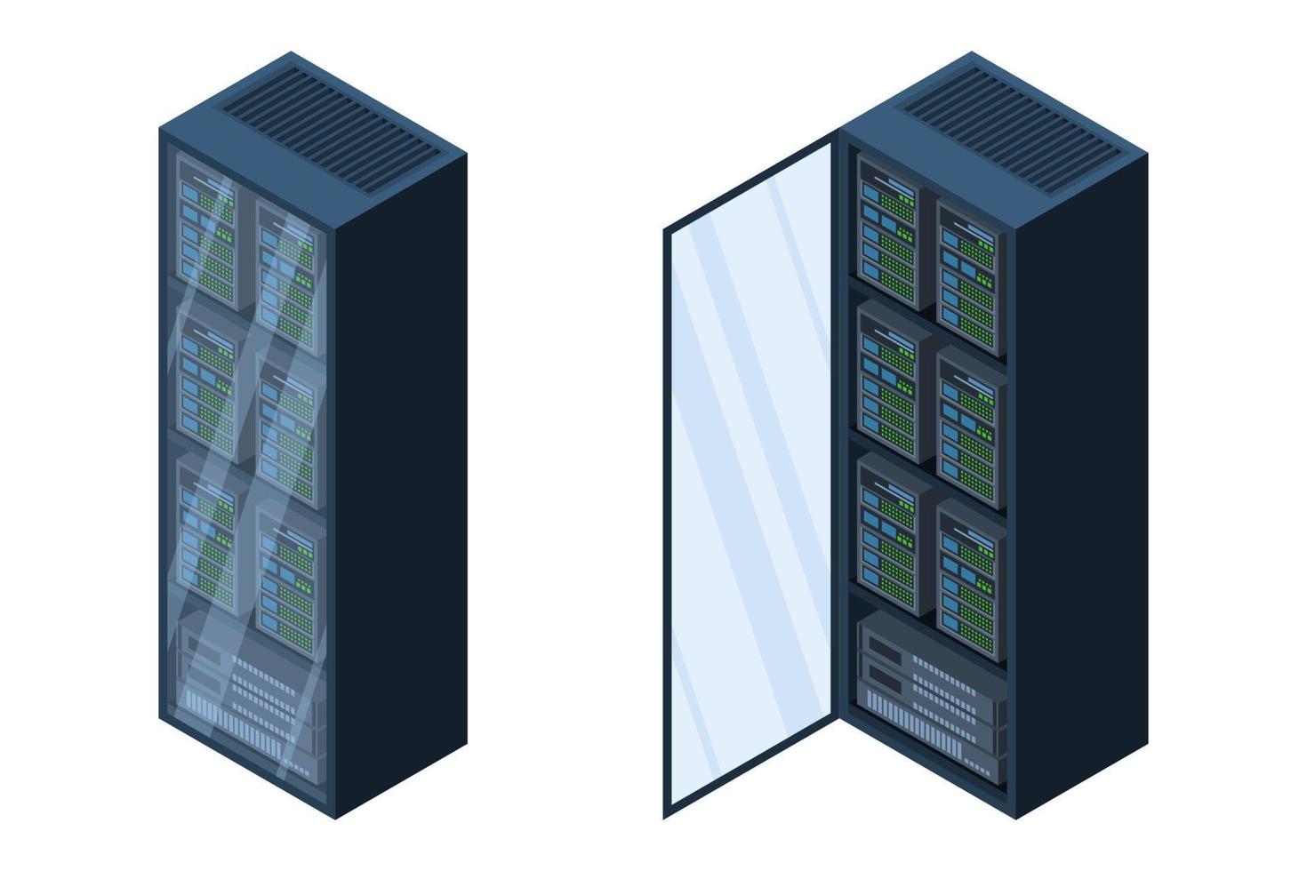 servidores isométricos. almacenamientos de datos. equipo informático 3d. base de datos de almacenamiento. red de servidores de equipos. ilustración de grandes datos vector