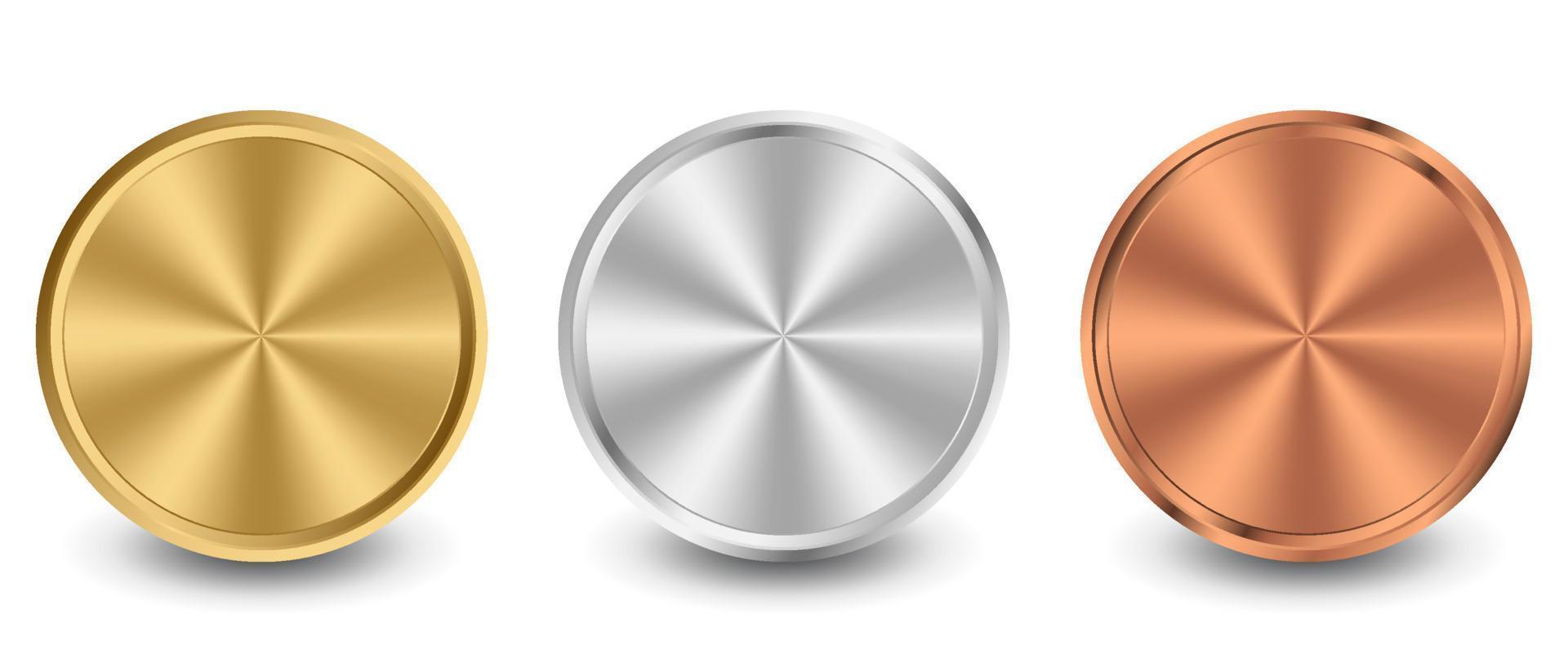 Collection of gold, silver, bronze radial metallic gradient. Plates with gold, silver, bronze metallic effect. Vector illustration