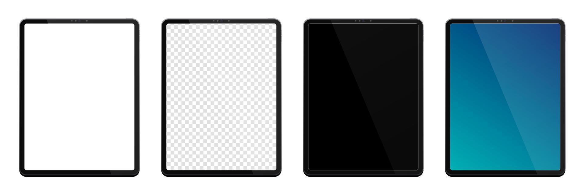 Realistic models tablet. Tablet mockup collection. Modern black tablet pc. Device front view. 3D tablet. Vector illustration