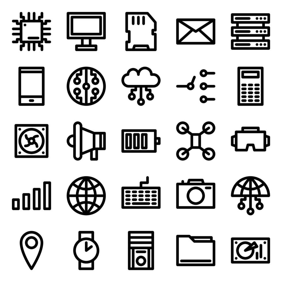 conjunto de 25 iconos web de dispositivos y tecnología en estilo de línea. industria 4.0 concepto fábrica del futuro. colección de iconos lineales de tecnología. ilustración vectorial vector