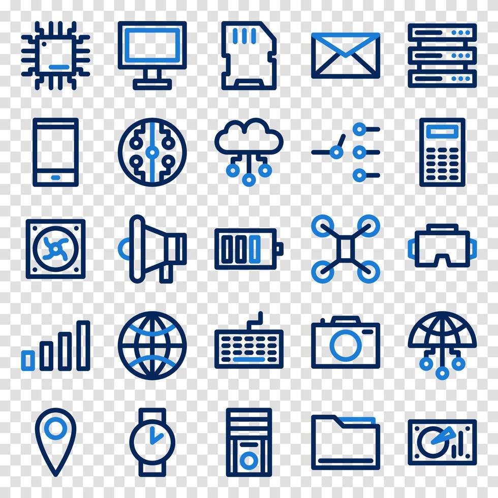 conjunto de 25 iconos web de dispositivos y tecnología en estilo de línea. industria 4.0 concepto fábrica del futuro. colección de iconos lineales de tecnología. ilustración vectorial vector