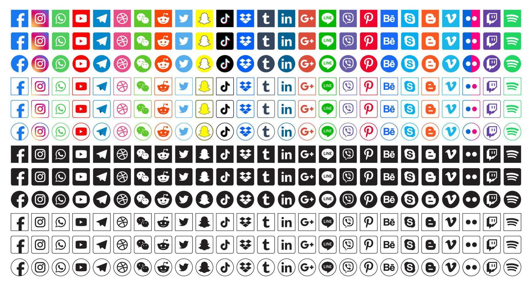 establecer iconos de redes sociales populares. facebook, instagram, twitter, youtube, pinterest, behance, google, linkedin, whatsap, snapchat y muchos más. ilustración vectorial editorial vector