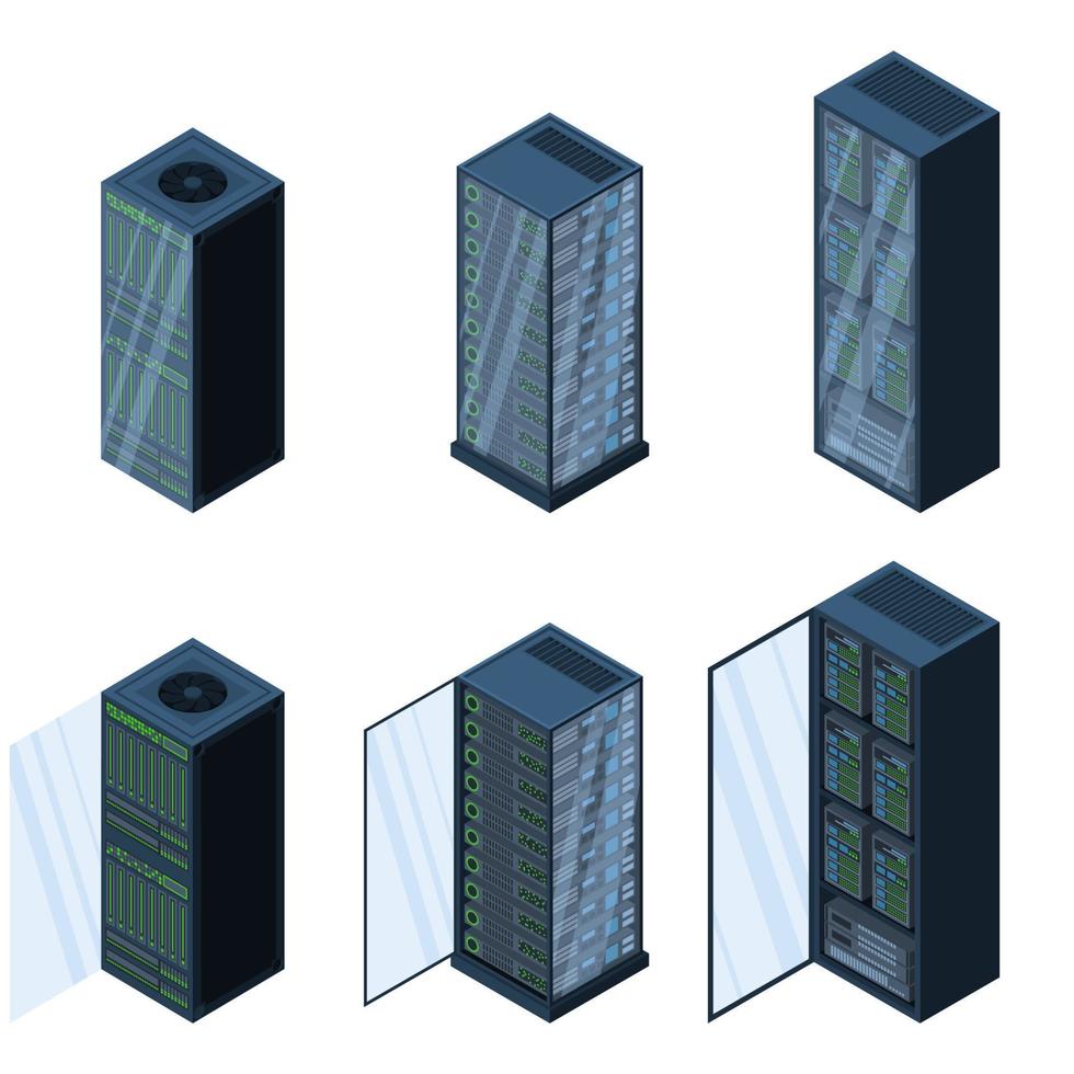 Isometric servers. Data storages. 3D computer equipment. Storage database. Equipment server network. Big data illustration vector