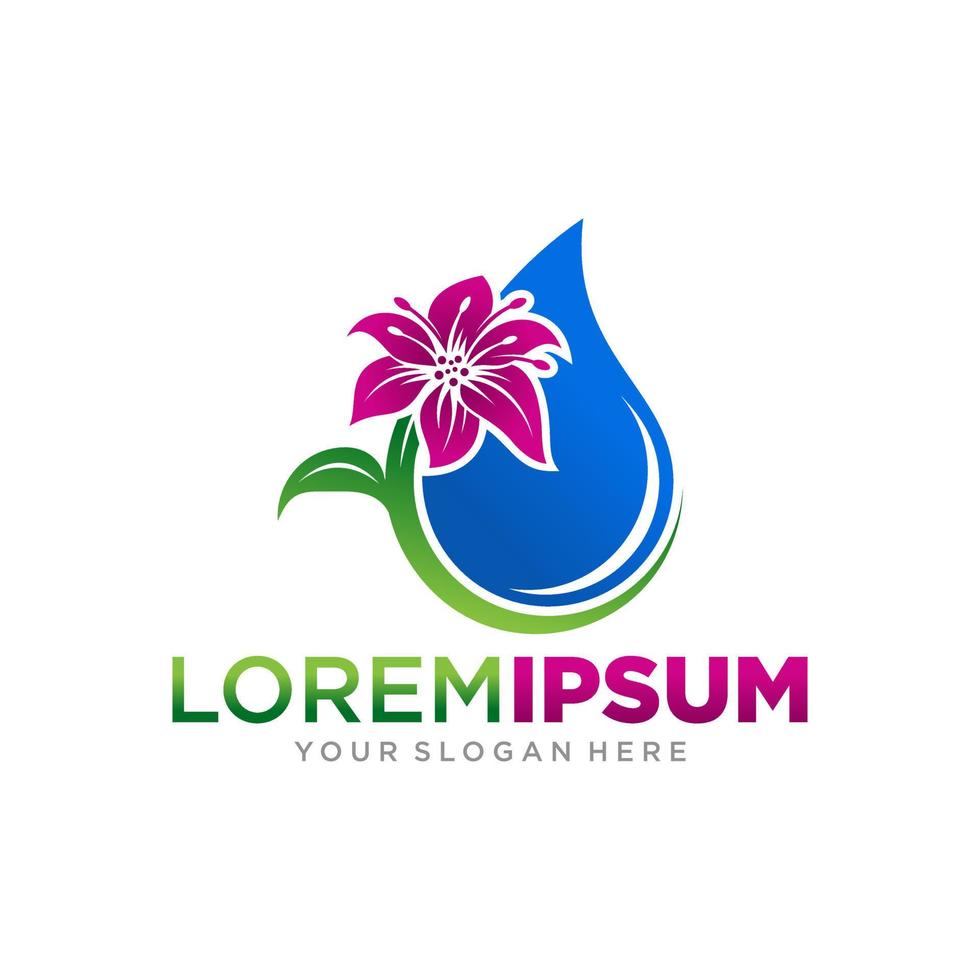 hermoso lirio púrpura flor verde naturaleza y gota de agua vector logo icono