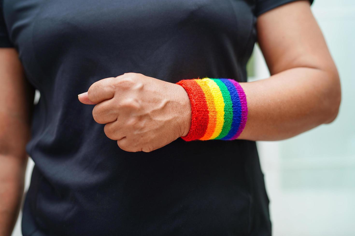 Asian woman with rainbow flag, LGBT symbol rights and gender equality, LGBT Pride Month in June, LGBTQ, LGBTI, LGBTQA, LGBTQIA photo