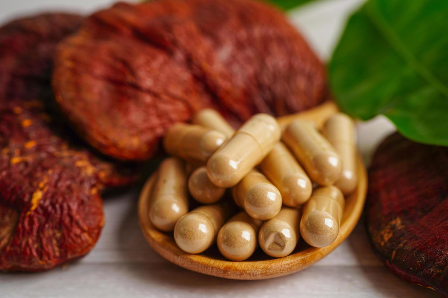 Lingzhi or Reishi mushroom with capsules, organic natural healthy food. photo