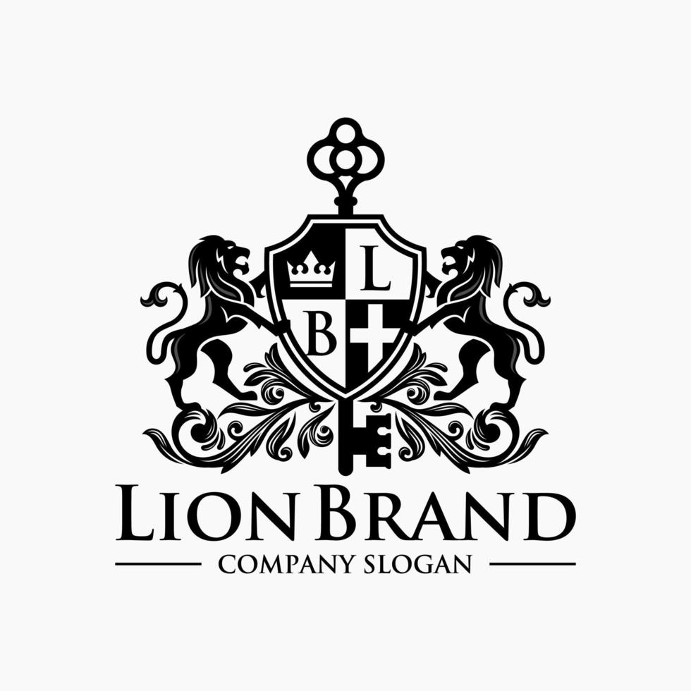 Lion heraldry emblem modern line style with a shield and crown - vector illustration