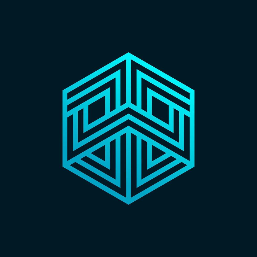 Tech Cube logo design template. Vector hexagon logotype illustration with stripe. Graphic modern box icon symbol isolated on background.