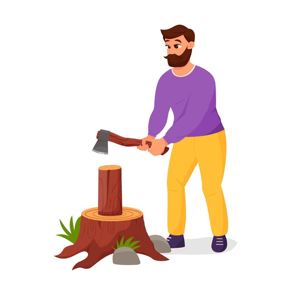 Cute lumberjack holding axe. Lumberman cuts a log. The concept of camping, outdoor recreation. Flat vector illustration