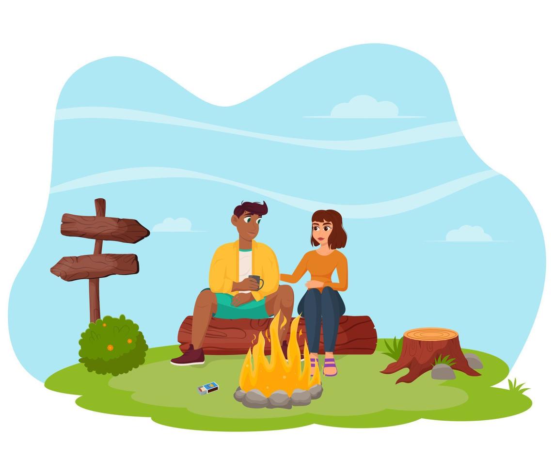 A young couple is sitting by a campfire in nature. Summertime camping, hiking, camper, adventure time concept. Flat vector illustration for poster, banner, flyer.