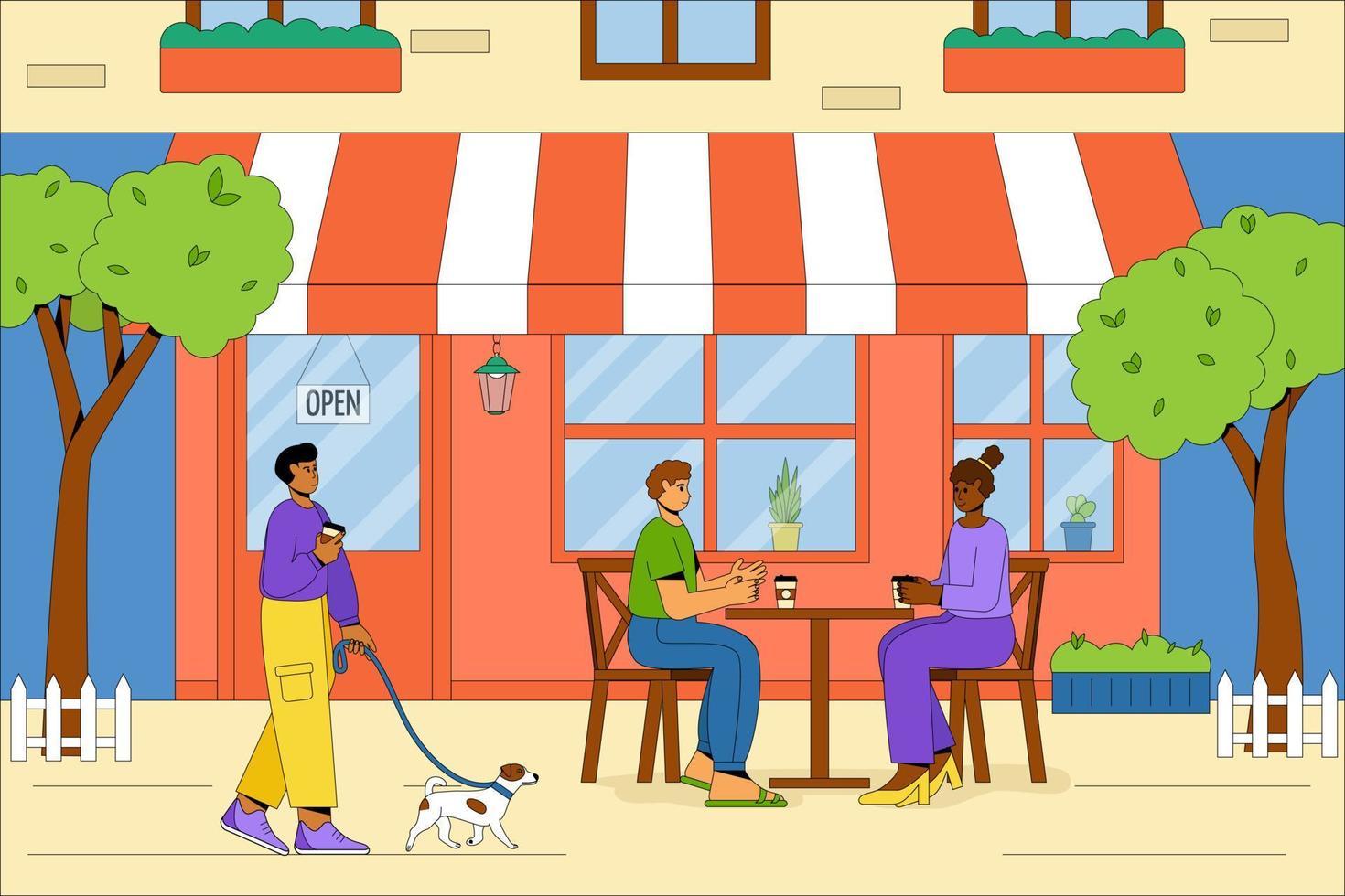 la gente se relaja y bebe café al aire libre. el edificio de la cafetería de verano con mesas y sillas al aire libre. un hombre amable con un perro se relaja al aire libre. concepto vectorial de un café de verano vector