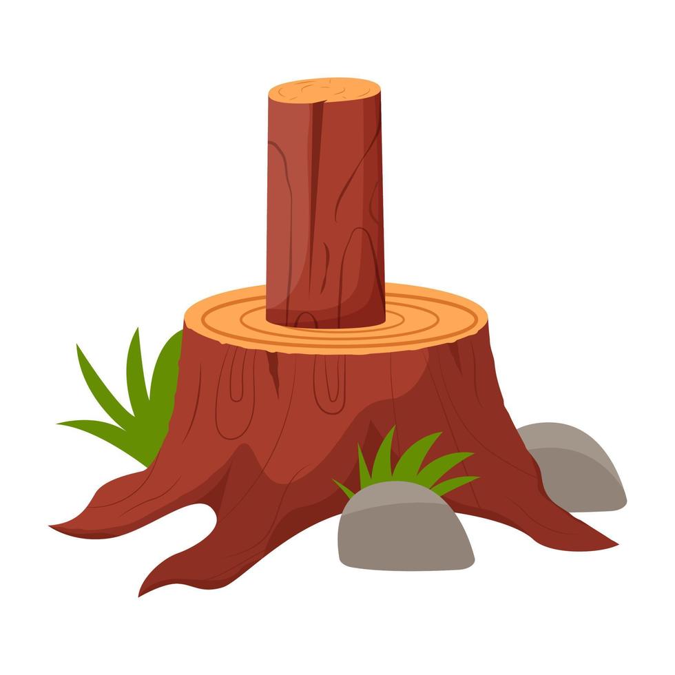 Tree stump isolated on white background. Textured detailed clipart, boulder. Flat vector illustration.