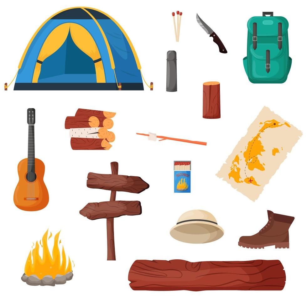 conjunto de camping y senderismo. colección de herramientas de viaje de campamento de verano para la supervivencia en la naturaleza, carpa, mochila, mapa, hacha, fogata y otros equipos de campamento. vector