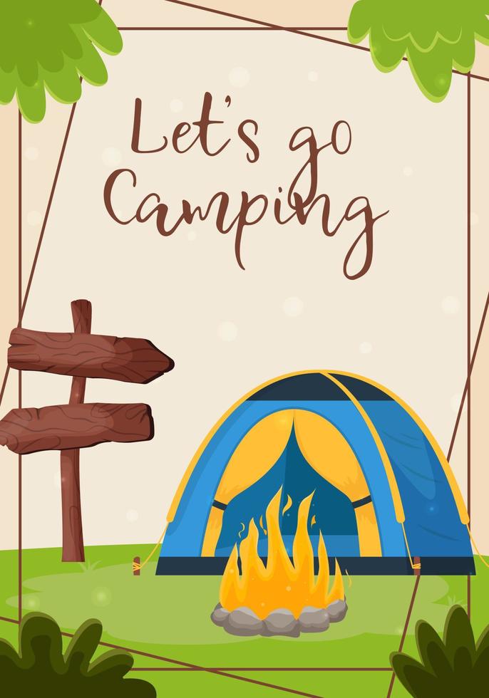 A beautiful postcard for an invitation to summer camping, hiking, journey, outdoor recreation. Flat vector illustration for poster, banner, flyer