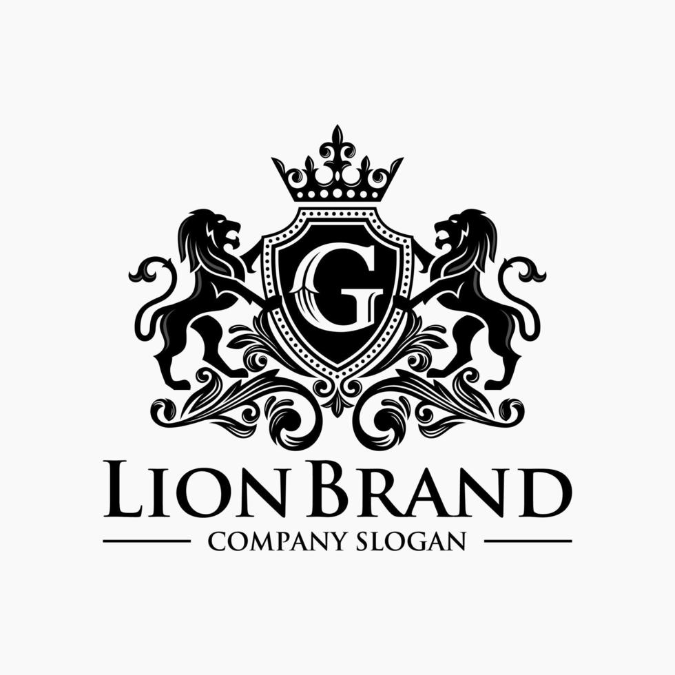 Lion heraldry emblem modern line style with a shield and crown - vector illustration