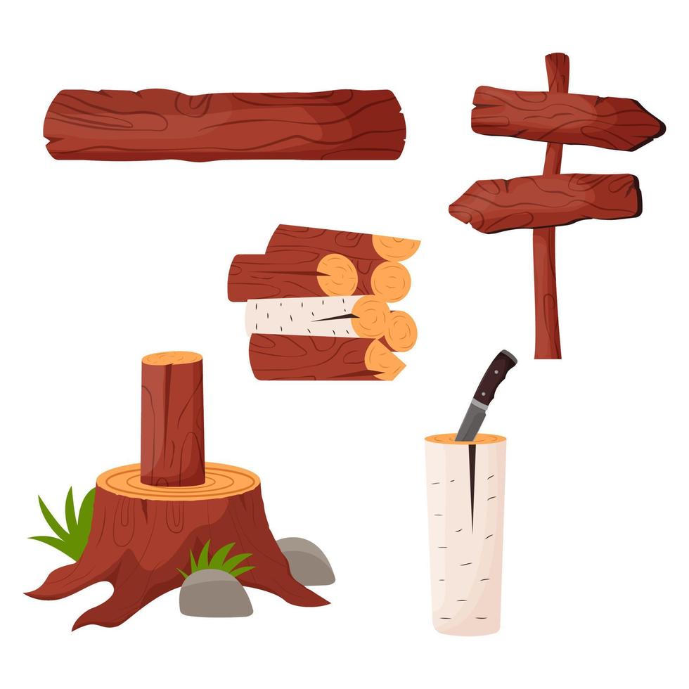 Wood log and trunk. Wooden lumber materials logs, trunk, stump, firewood, plank. Flat vector illustration.