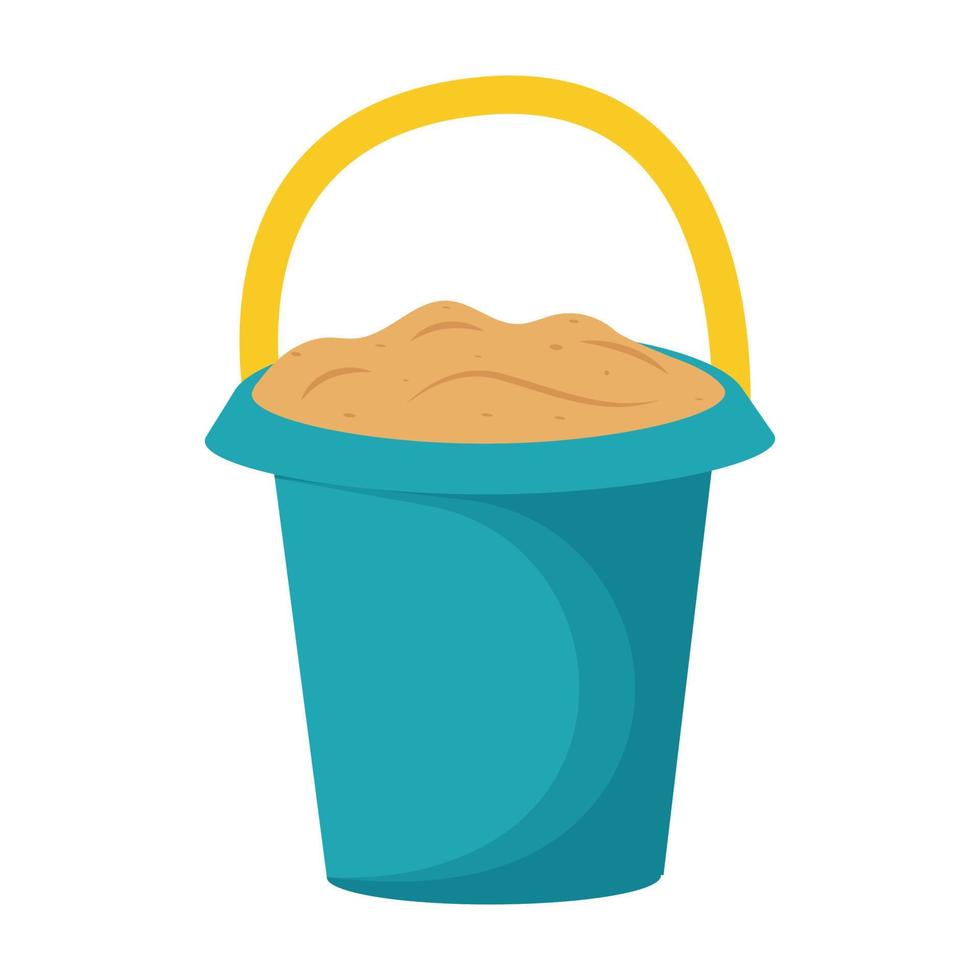 Blue plastic bucket filled with sand. Colorful plastic kid toy. Flat vector illustration.