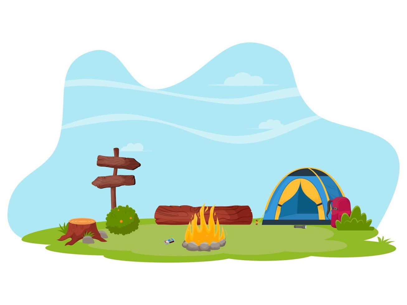 paisaje de verano en el bosque. camping de verano, senderismo, camper, concepto de tiempo de aventura. ilustración de vector plano para cartel, pancarta, volante