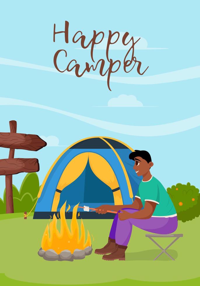 un joven cocina malvaviscos en una fogata. camping de verano, senderismo, camper, concepto de tiempo de aventura. ilustración de vector plano para cartel, pancarta, volante
